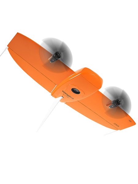 Fliegende Wingtrdrohne mit rotierenden Propellern